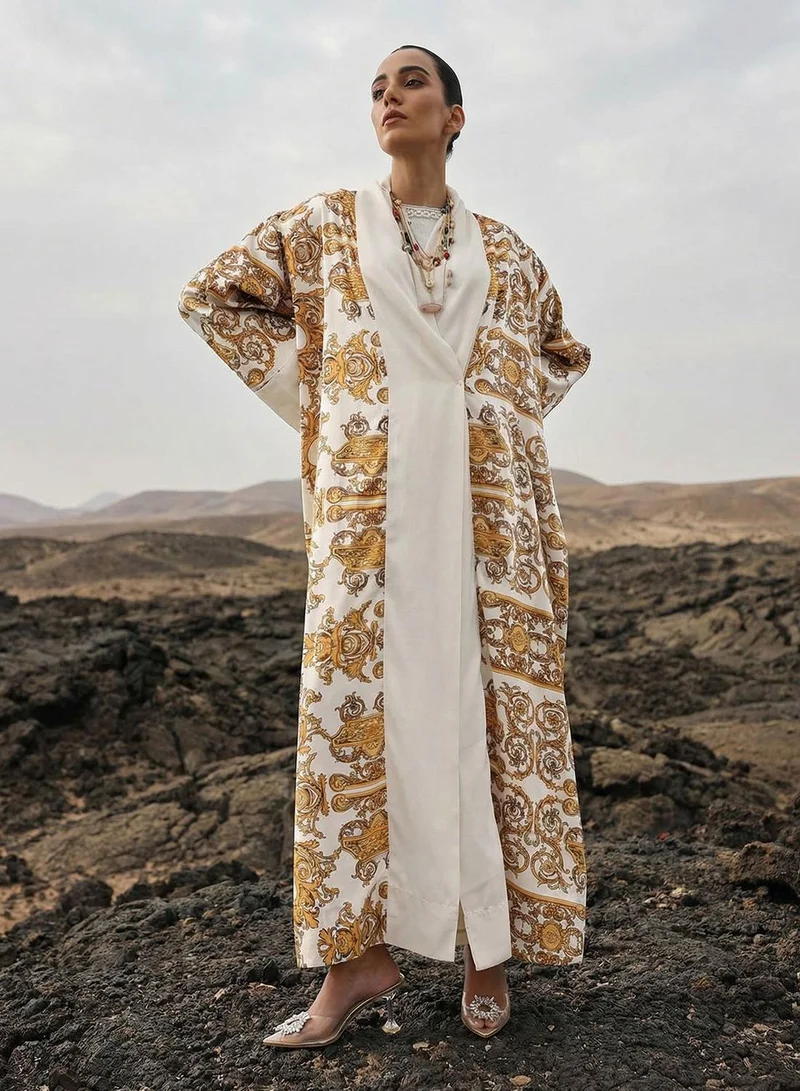 Ishin  Off White Baroque print layered Abaya with Hijab for Women | Best Price UAE
